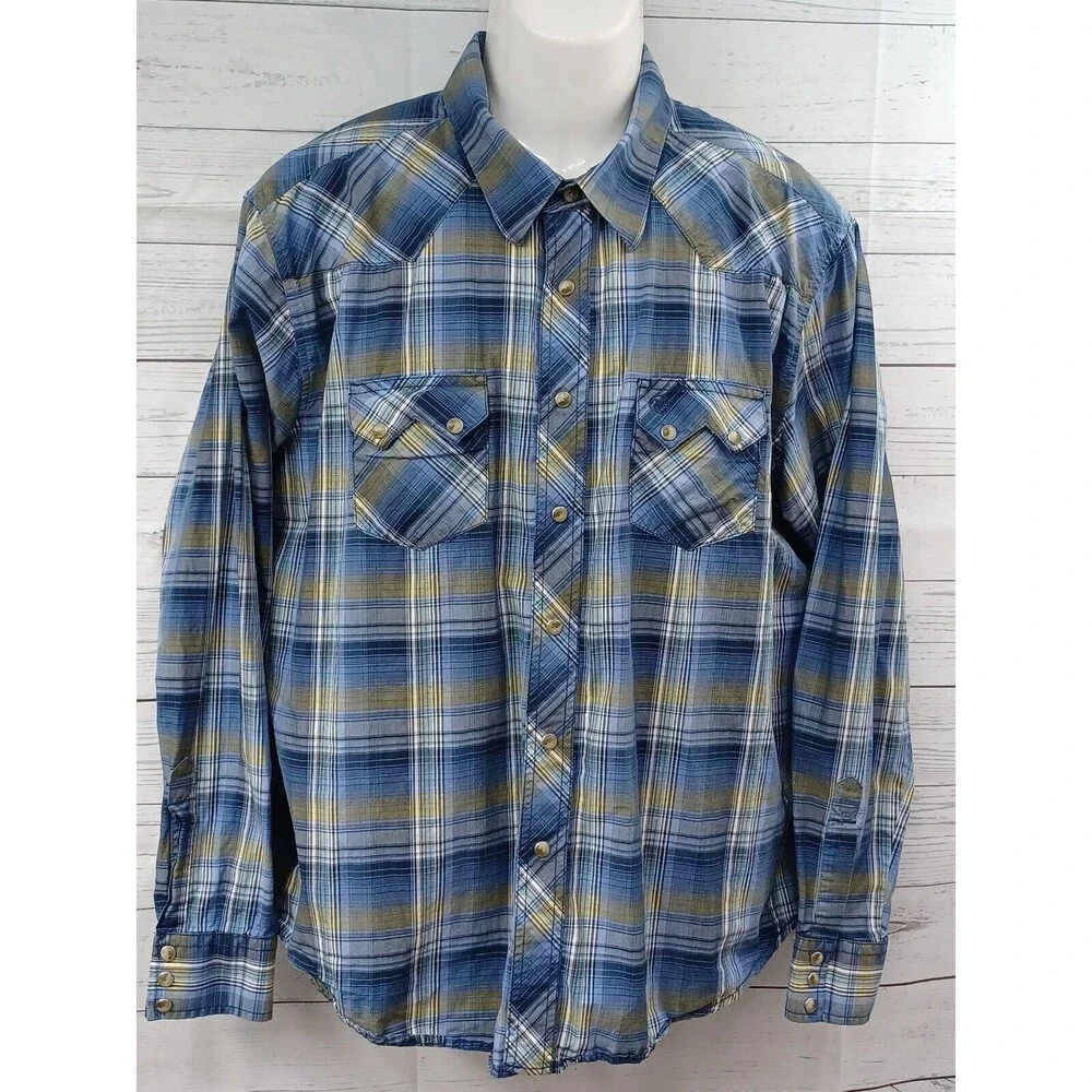 Wrangler American Cowboys Pearl Snaps Shirt Plaid Blue Long Sleeve XL